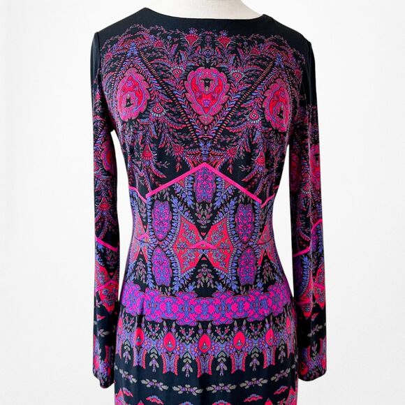Vintage Y2K Black Purple Long Sleeve Knit Bodycon Tribal Print Dress Size M - Picture 6 of 8